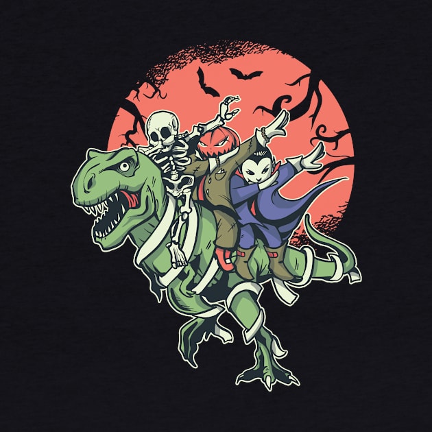 Fun Halloween Dabbing Vampire, Skeleton & Jack-o-Lantern Riding a T-Rex by SLAG_Creative